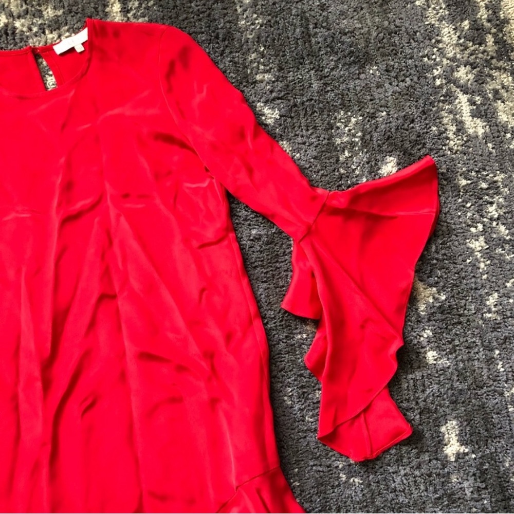 Alexis hazel red asymmetric ruffle silk long bell sleeve dress XS - Picture 3 of 8
